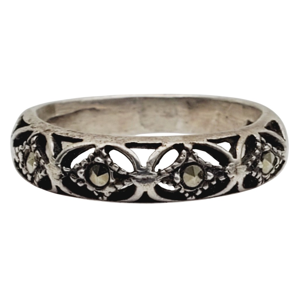 Sterling Silver Openwork Ring Marcasite Filigree Art Deco Band 925 Vintage 5.75